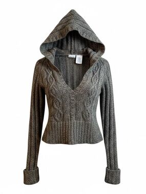 Vintage Y2K Brown Cable Knit Hooded Cropped Sweater V Neck Size S‎